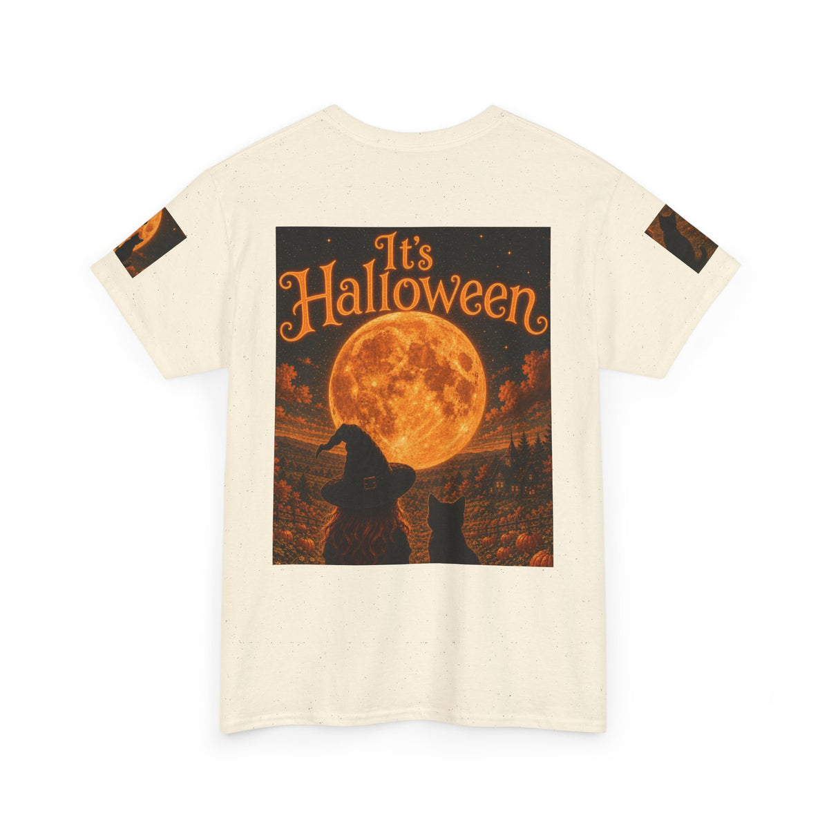 Halloween Graphic Tee — "It's Halloween" Witch & Cat Moon Design