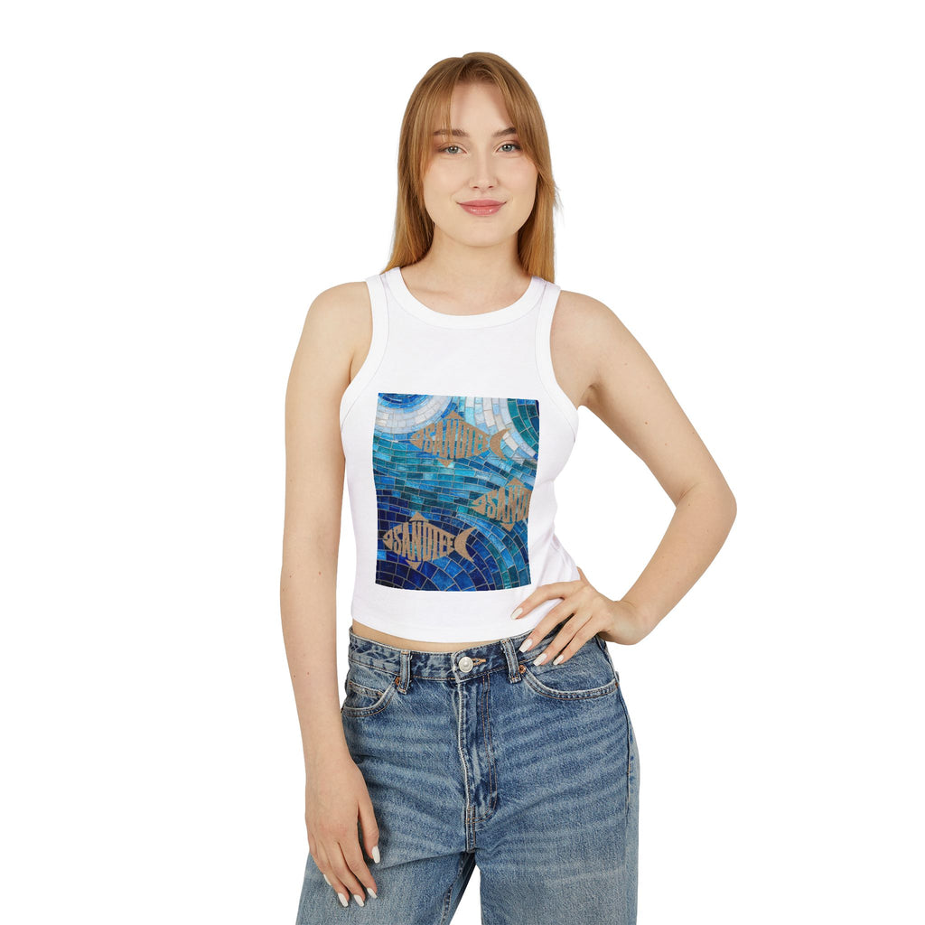 Ocean Mosaic Fish Racer Tank Top — Beachy Blue Graphic Crop Tank