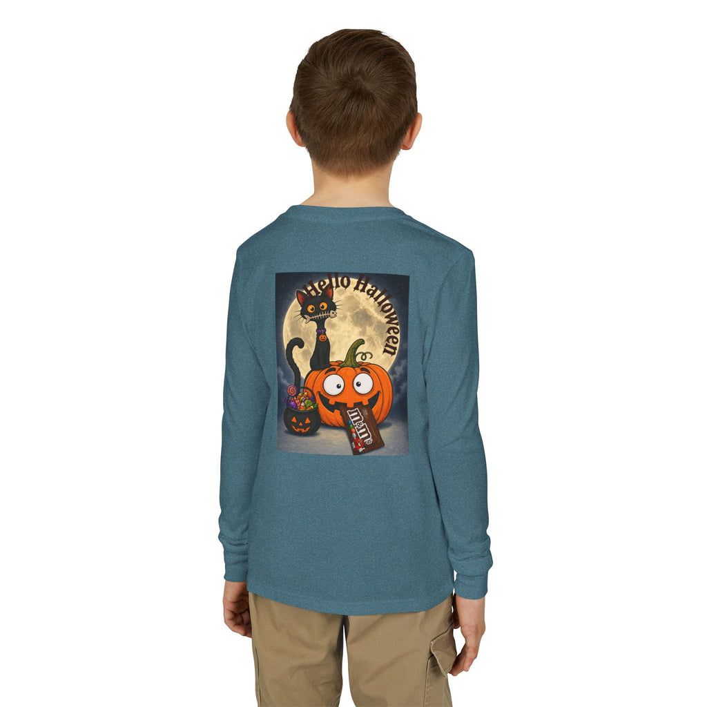 Kids' Halloween Long Sleeve Tee — 'Trick or Treat' Black Cat & Pumpkin Design