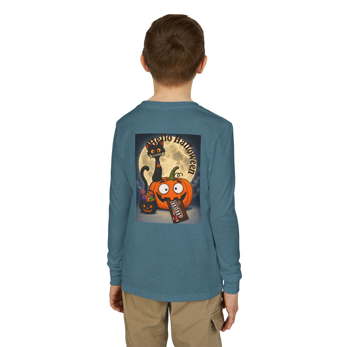 Kids' Halloween Long Sleeve Tee — 'Trick or Treat' Black Cat & Pumpkin Design