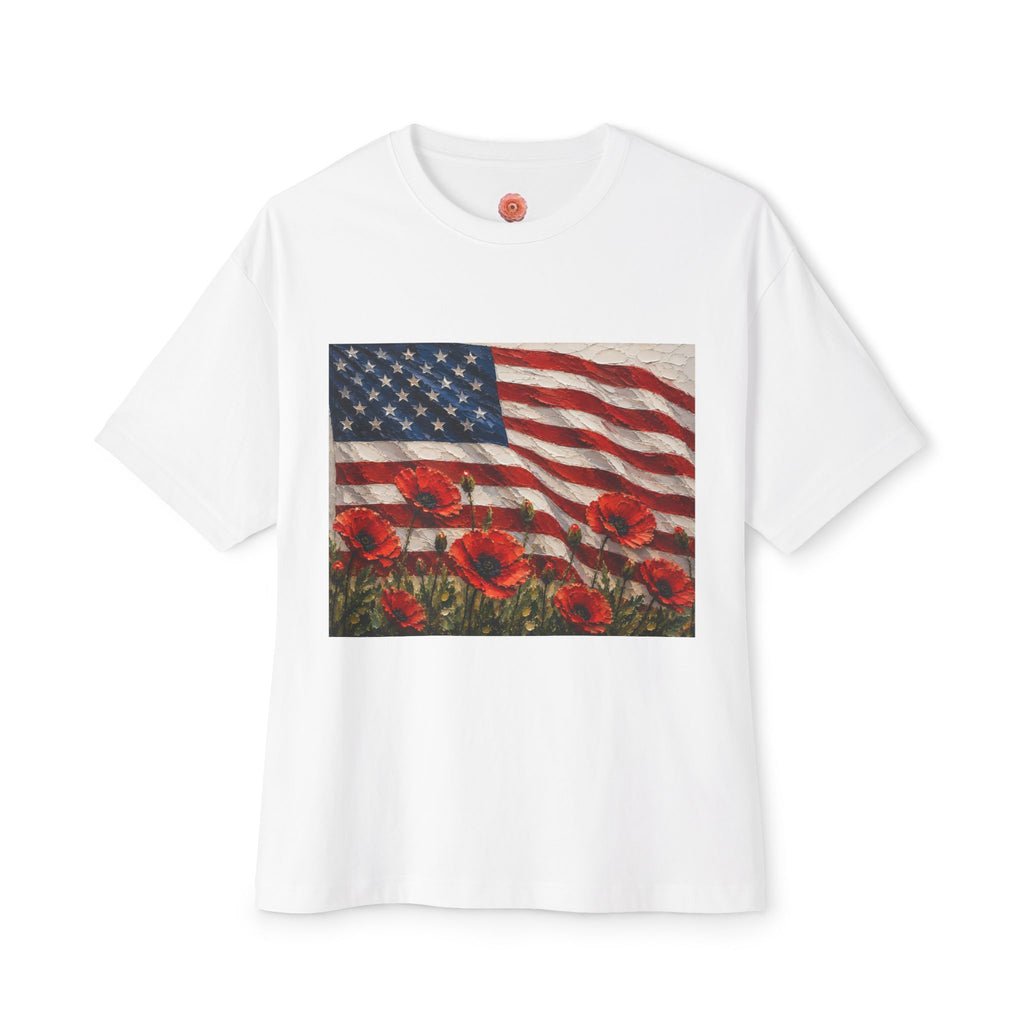 American Flag Poppy Tee Shirt -Unisex Oversized Boxy Tee