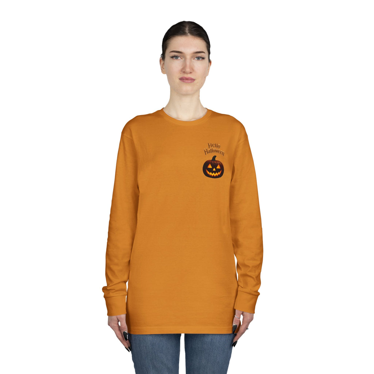 Halloween Cat Long Sleeve Tee — 'Hello Halloween' Jack-O'-Lantern Graphic