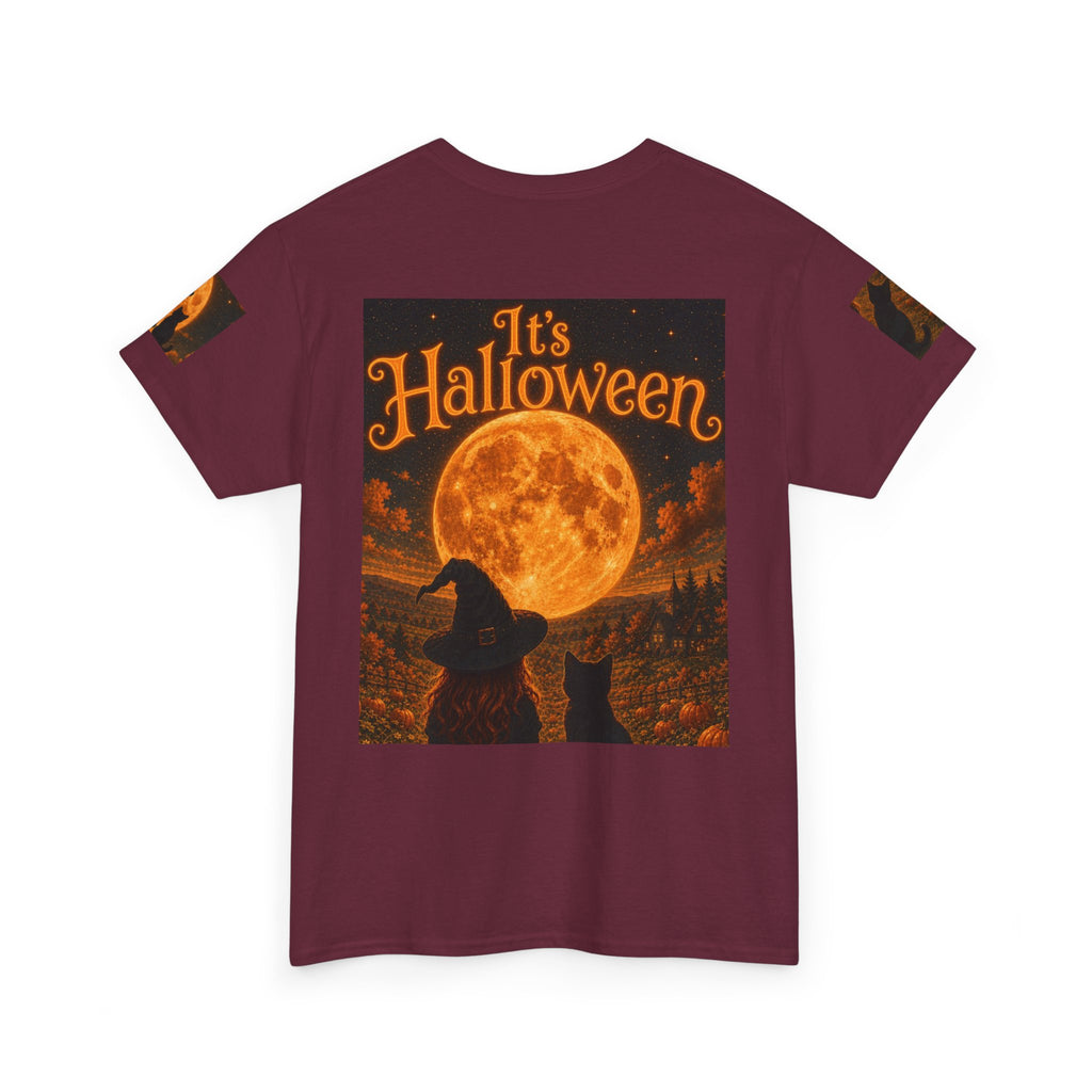 Halloween Graphic Tee — "It's Halloween" Witch & Cat Moon Design