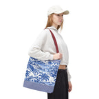 Nassau Blue Coastal Toile Tote Bag — Nautical Bahama / Palm Beach Scene All-Over Print