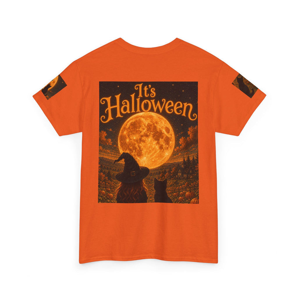 Halloween Graphic Tee — "It's Halloween" Witch & Cat Moon Design