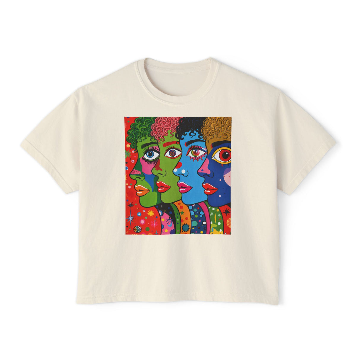 Women's Boxy Tee — Colorful Pop Art Faces Graphic Cropped T‑Shirt