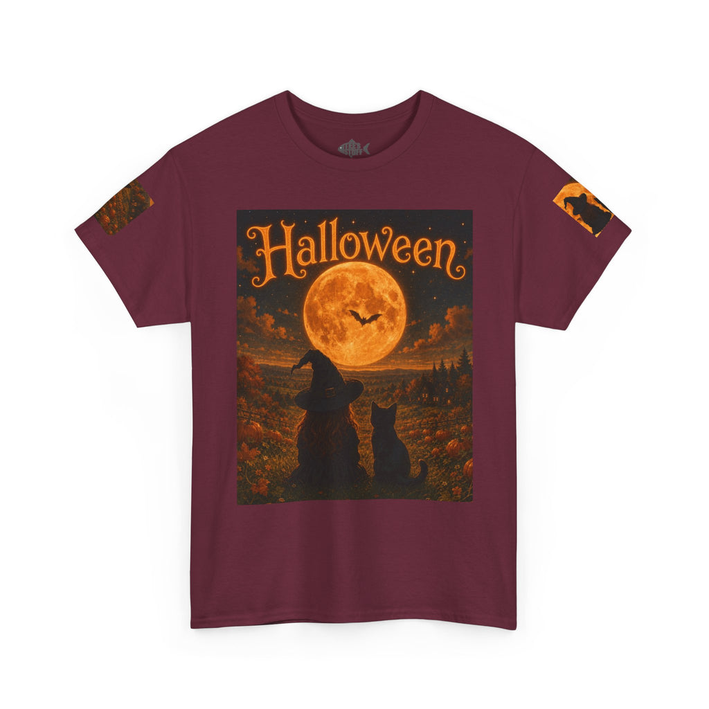 Halloween Graphic Tee — "It's Halloween" Witch & Cat Moon Design