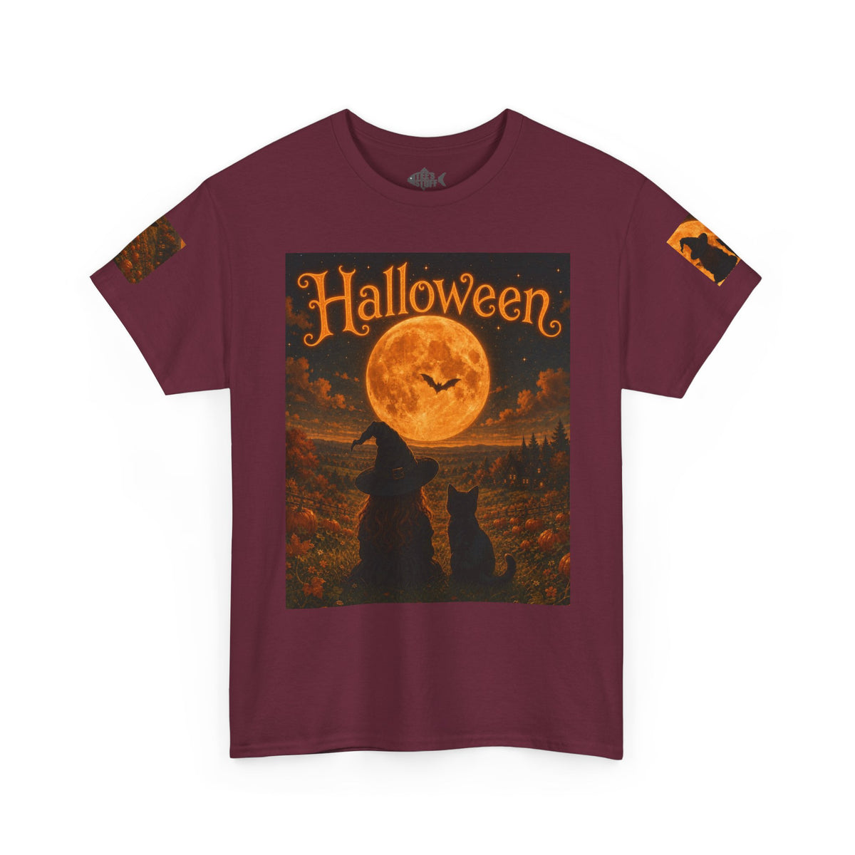 Halloween Graphic Tee — "It's Halloween" Witch & Cat Moon Design