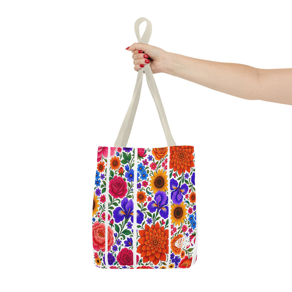 Floral Stripe Tote Bag — Bright Mexican Folk Art Flowers AOP