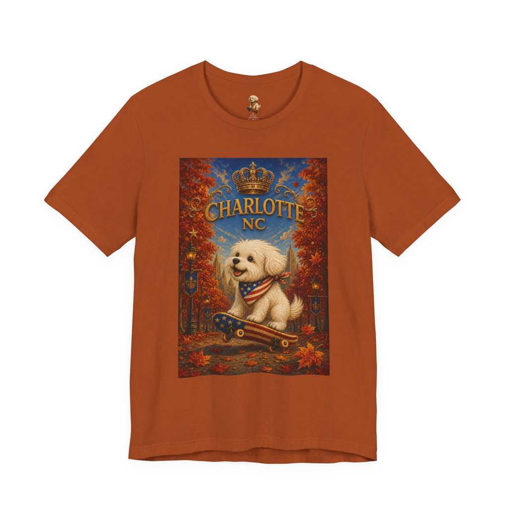 Charlotte NC Dog Tee — Cute Pup on Skateboard Patriotic T‑Shirt