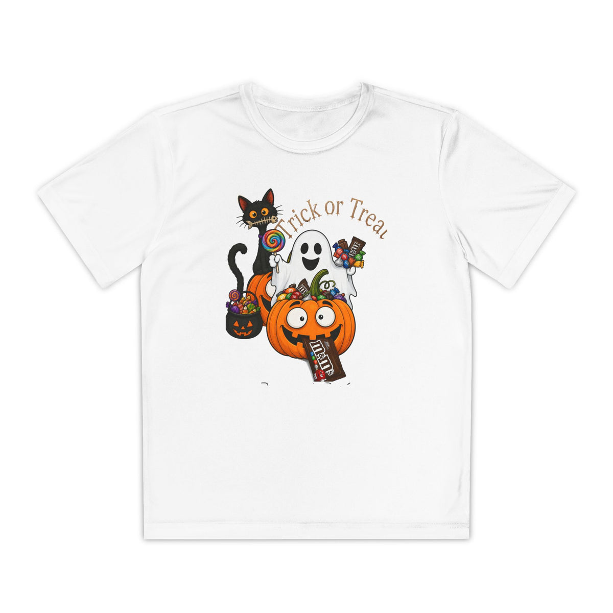 Kids Halloween Trick or Treat T-Shirt — Cute Pumpkin, Ghost & Black Cat Design
