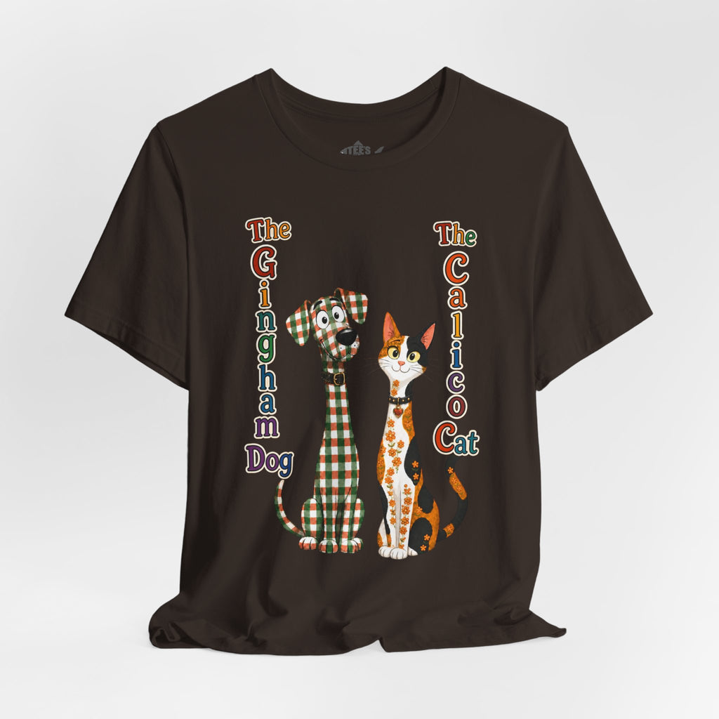 Gingham Dog & Calico Cat Tee — Plaid Pet Illustration T-Shirt