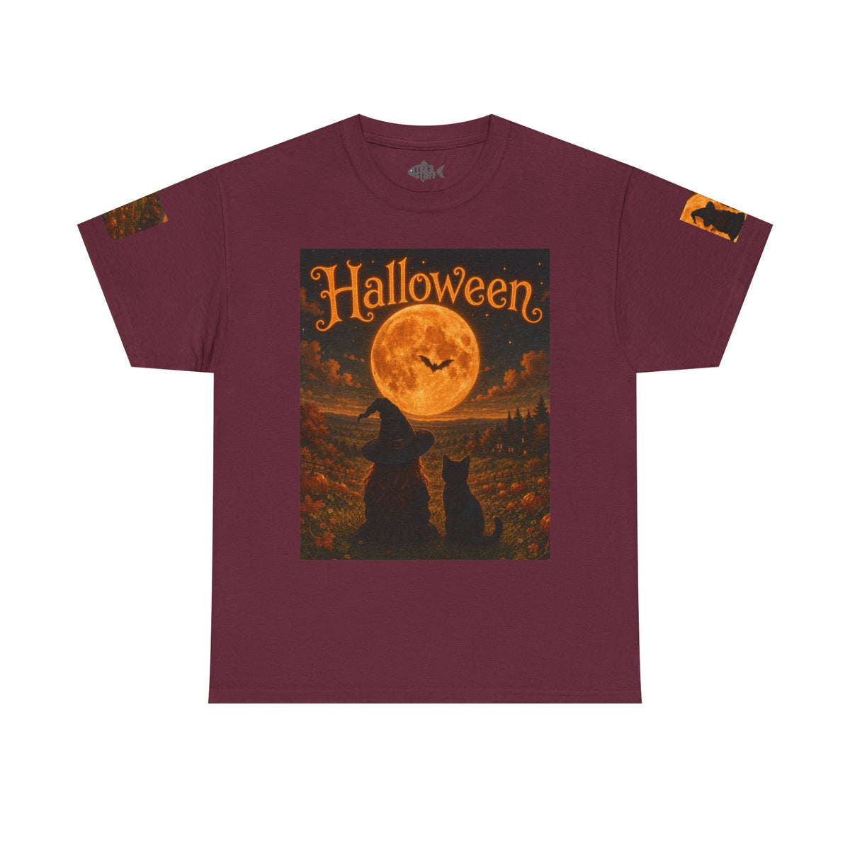 Halloween Graphic Tee — "It's Halloween" Witch & Cat Moon Design