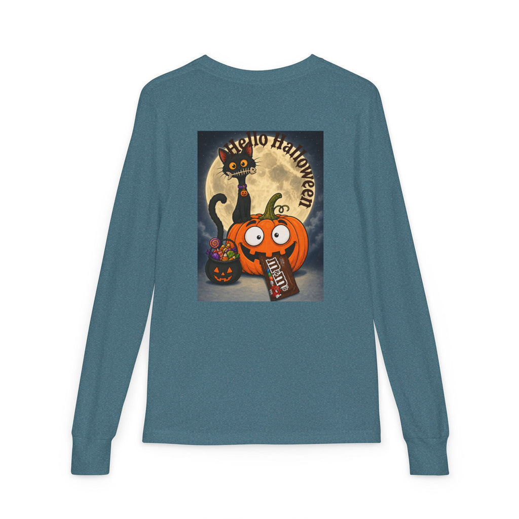 Kids' Halloween Long Sleeve Tee — 'Trick or Treat' Black Cat & Pumpkin Design