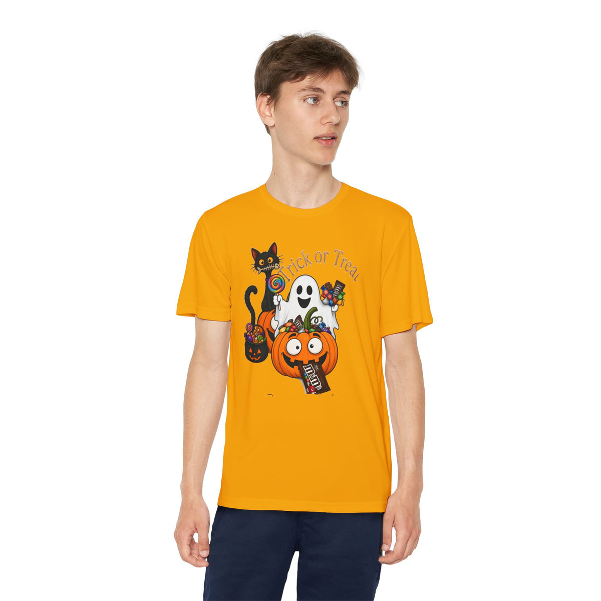 Kids Halloween Trick or Treat T-Shirt — Cute Pumpkin, Ghost & Black Cat Design