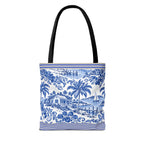 Nassau Blue Coastal Toile Tote Bag — Nautical Bahama / Palm Beach Scene All-Over Print