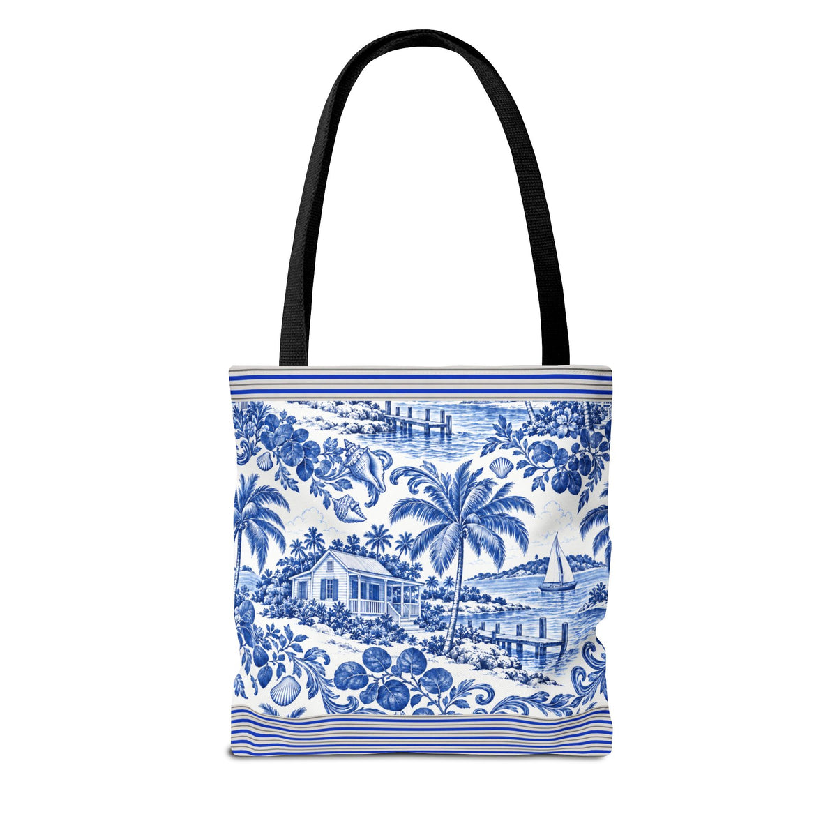 Nassau Blue Coastal Toile Tote Bag — Nautical Bahama / Palm Beach Scene All-Over Print