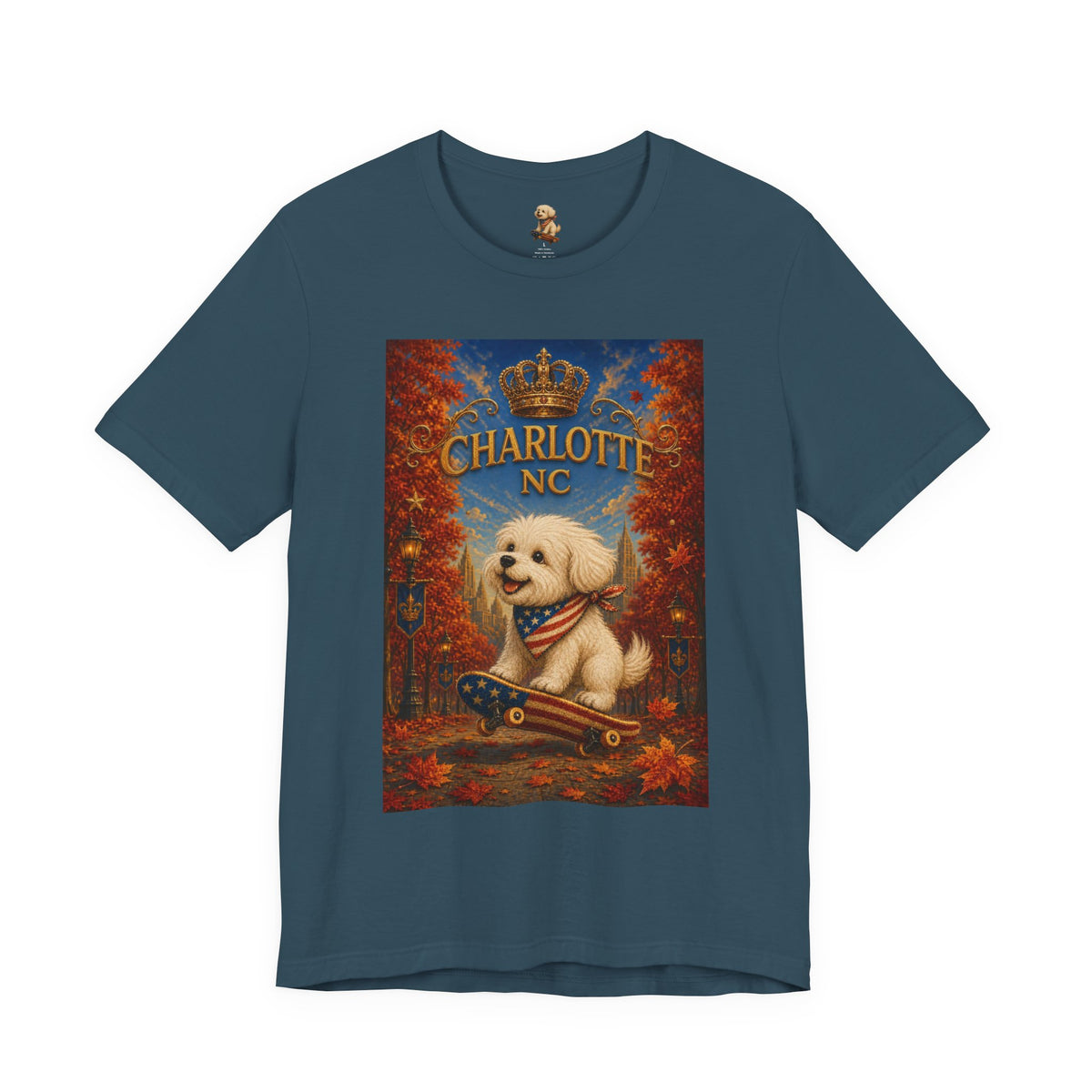 Charlotte NC Dog Tee — Cute Pup on Skateboard Patriotic T‑Shirt