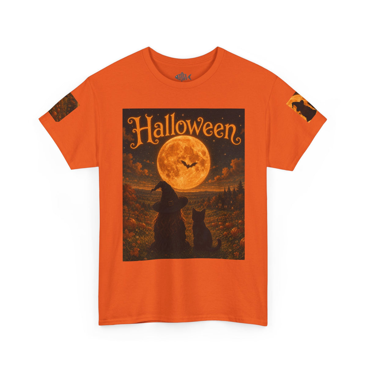 Halloween Graphic Tee — "It's Halloween" Witch & Cat Moon Design