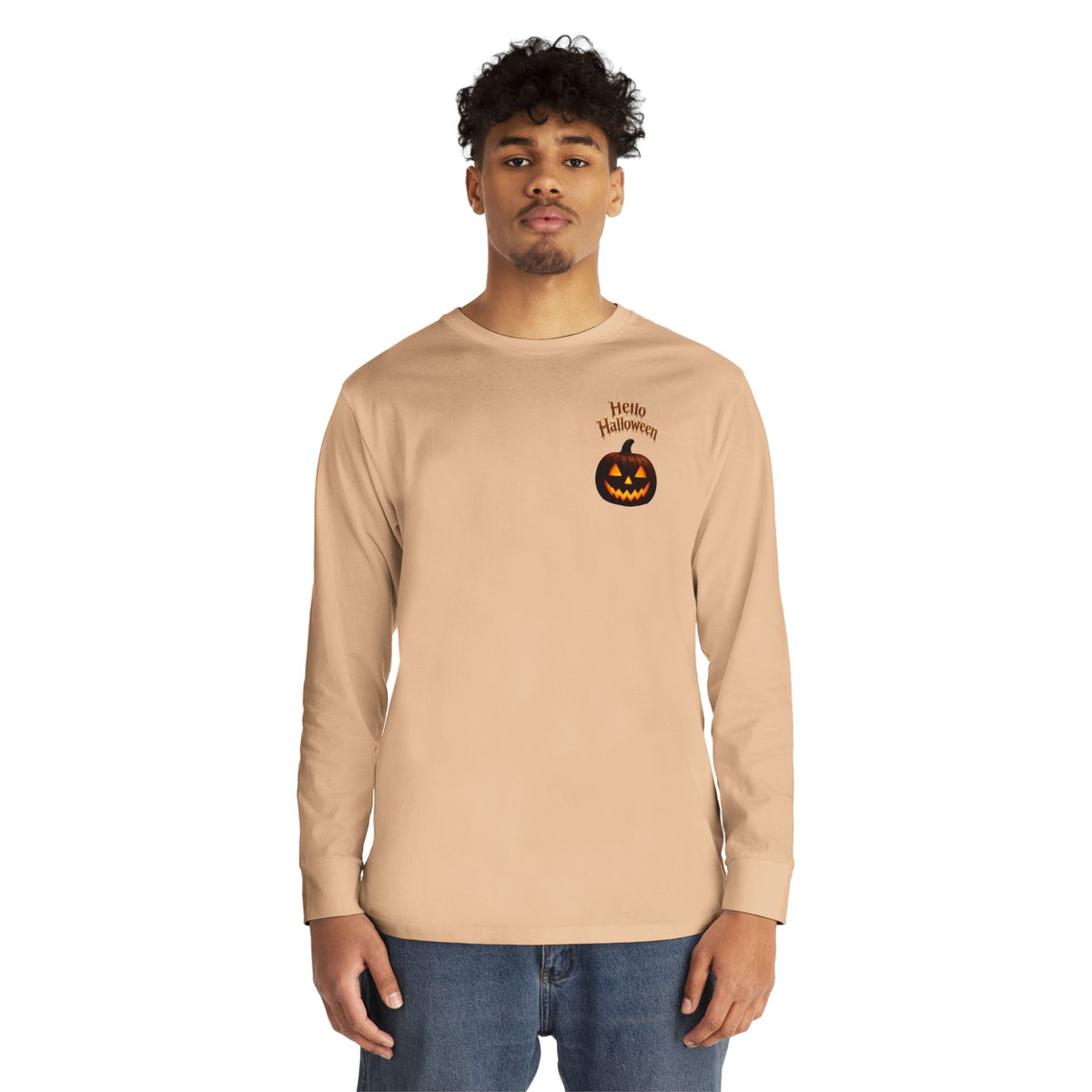 Halloween Cat Long Sleeve Tee — 'Hello Halloween' Jack-O'-Lantern Graphic