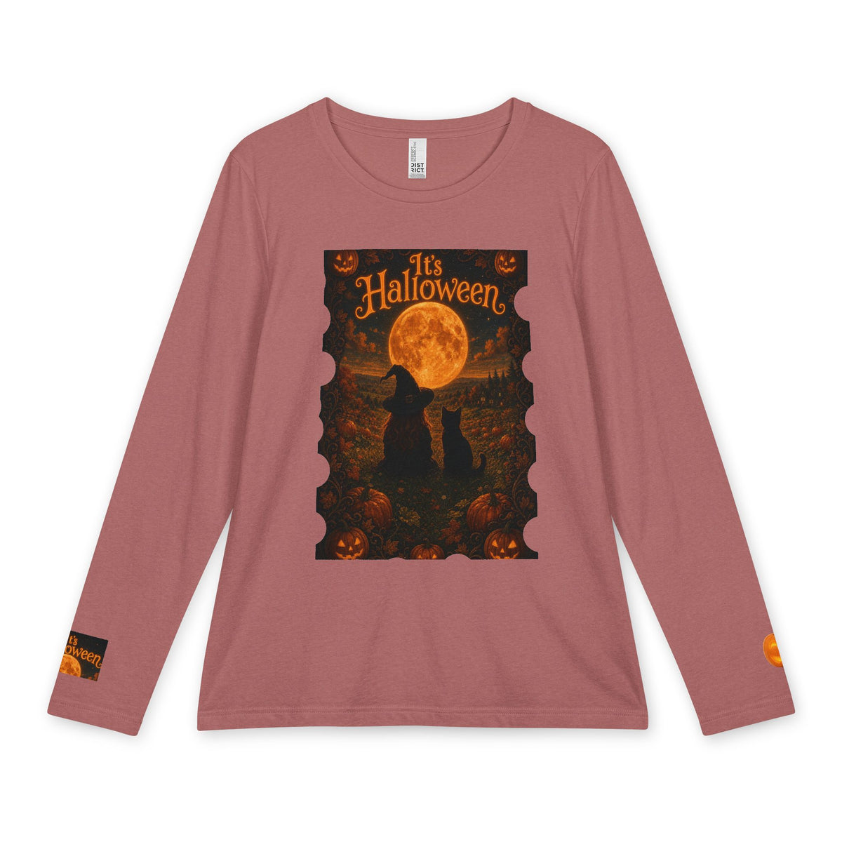 Women’s Halloween Long Sleeve Tee – “It’s Halloween” and “Hello Halloween” Witchy Moon Design