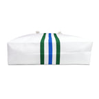 Striped Canvas Weekender Bag — White with Blue & Green Center Stripe