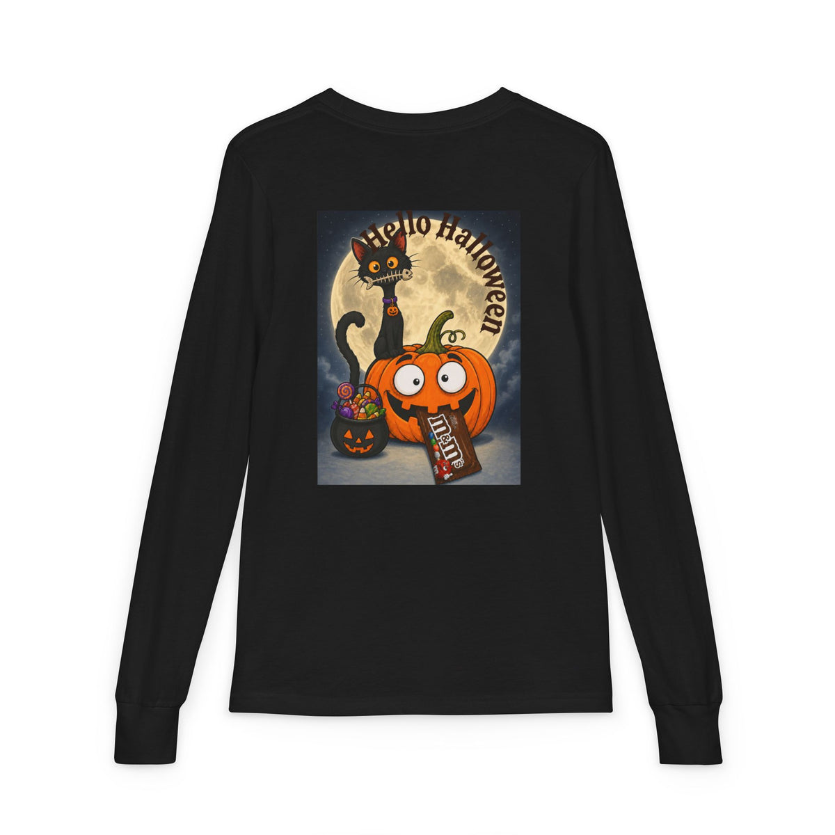 Kids' Halloween Long Sleeve Tee — 'Trick or Treat' Black Cat & Pumpkin Design