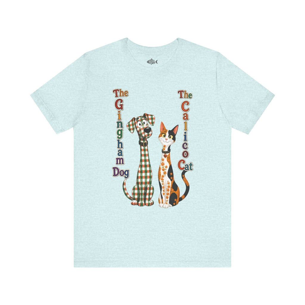 Gingham Dog & Calico Cat Tee — Plaid Pet Illustration T-Shirt