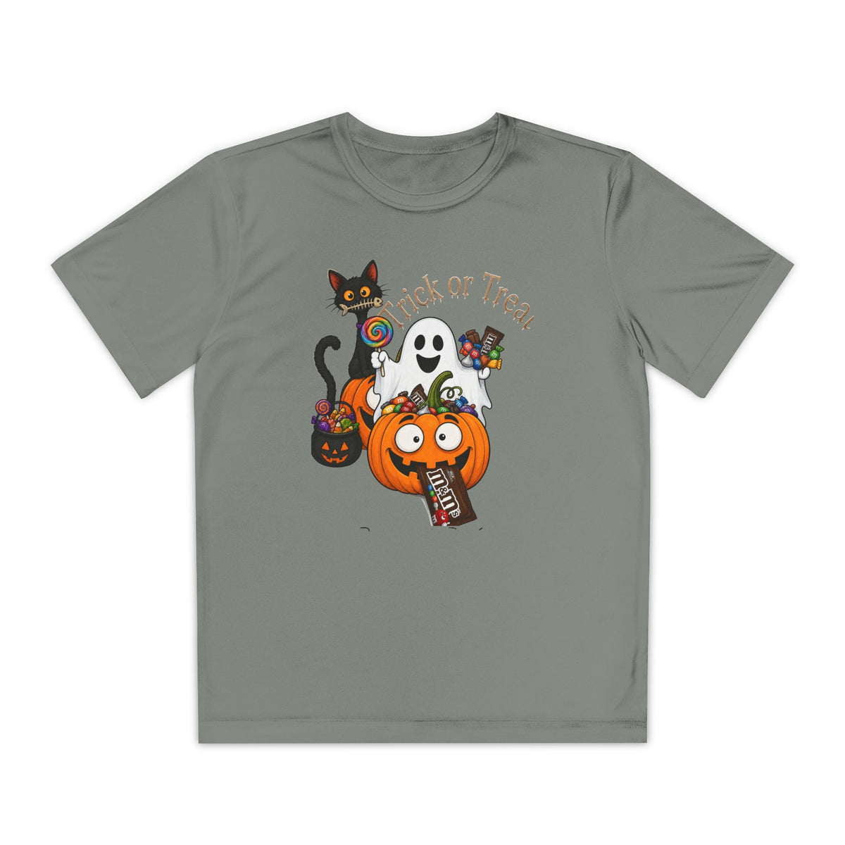 Kids Halloween Trick or Treat T-Shirt — Cute Pumpkin, Ghost & Black Cat Design
