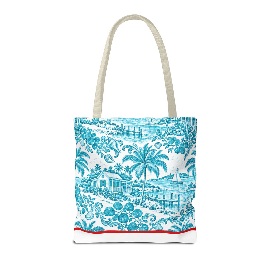 Turquoise coastal Toile Tote Bag- Palm Trees & Island Houses.