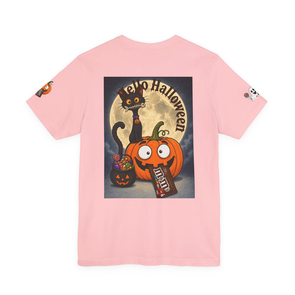 Pink / Back, Front design Halloween T-shirt with a black cat orange pumpkin, full moon trick or treat candy bucket with candy and "Trick or Treat" text.