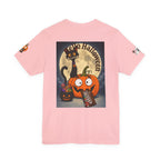 Pink / Back, Front design Halloween T-shirt with a black cat orange pumpkin, full moon trick or treat candy bucket with candy and "Trick or Treat" text.