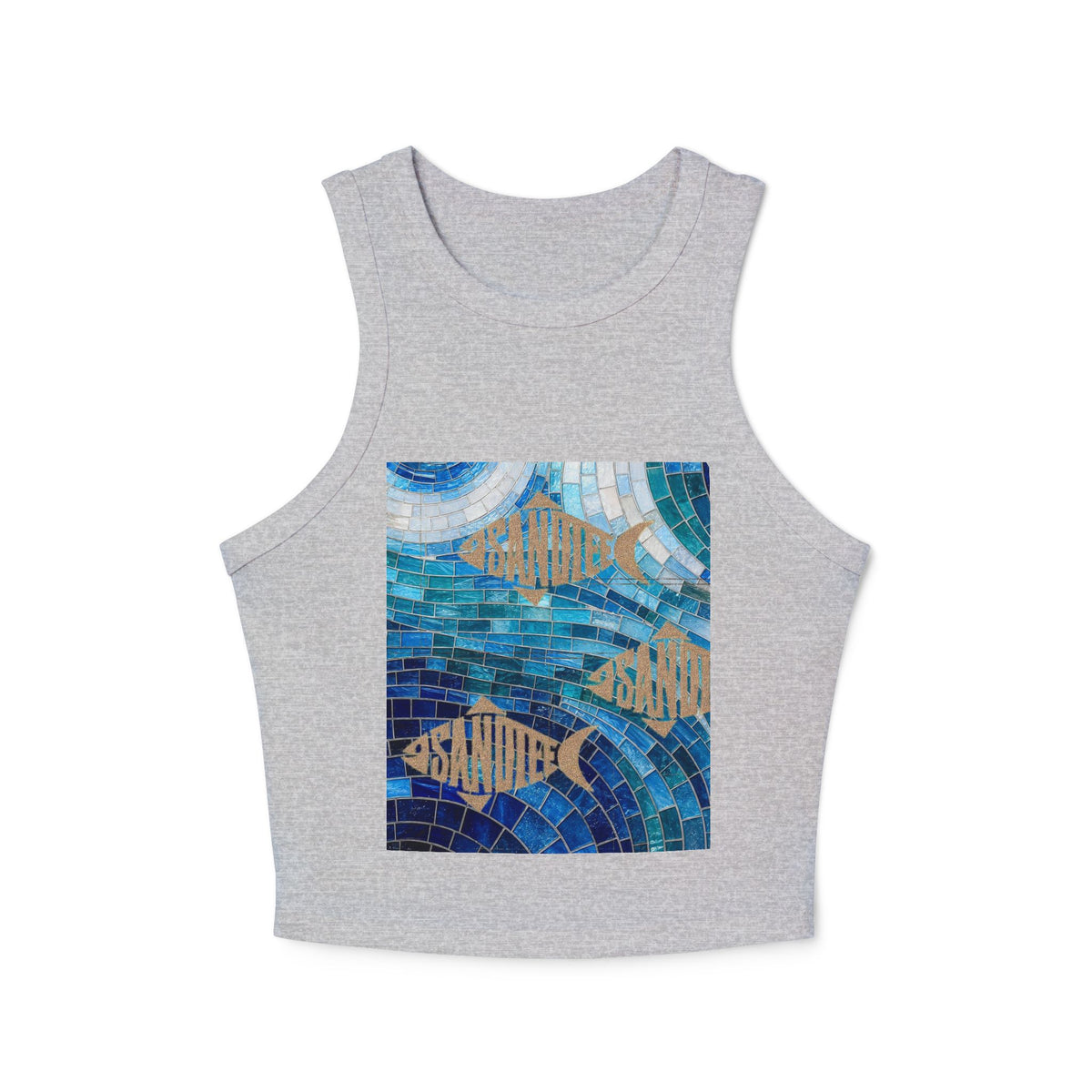 Ocean Mosaic Fish Racer Tank Top — Beachy Blue Graphic Crop Tank