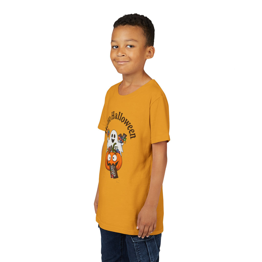 Youth Halloween Tee - "Hello Halloween" Ghost & Pumpkin Trick-or-Treat Shirt