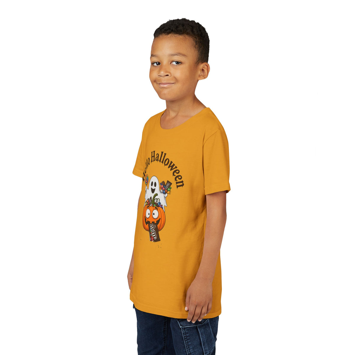Youth Halloween Tee - "Hello Halloween" Ghost & Pumpkin Trick-or-Treat Shirt