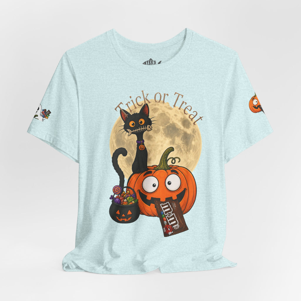 Light blue / Back, Front, sleeve design, Halloween T-shirt with a black cat orange pumpkin, full moon trick or treat candy bucket with candy and "Trick or Treat" text.