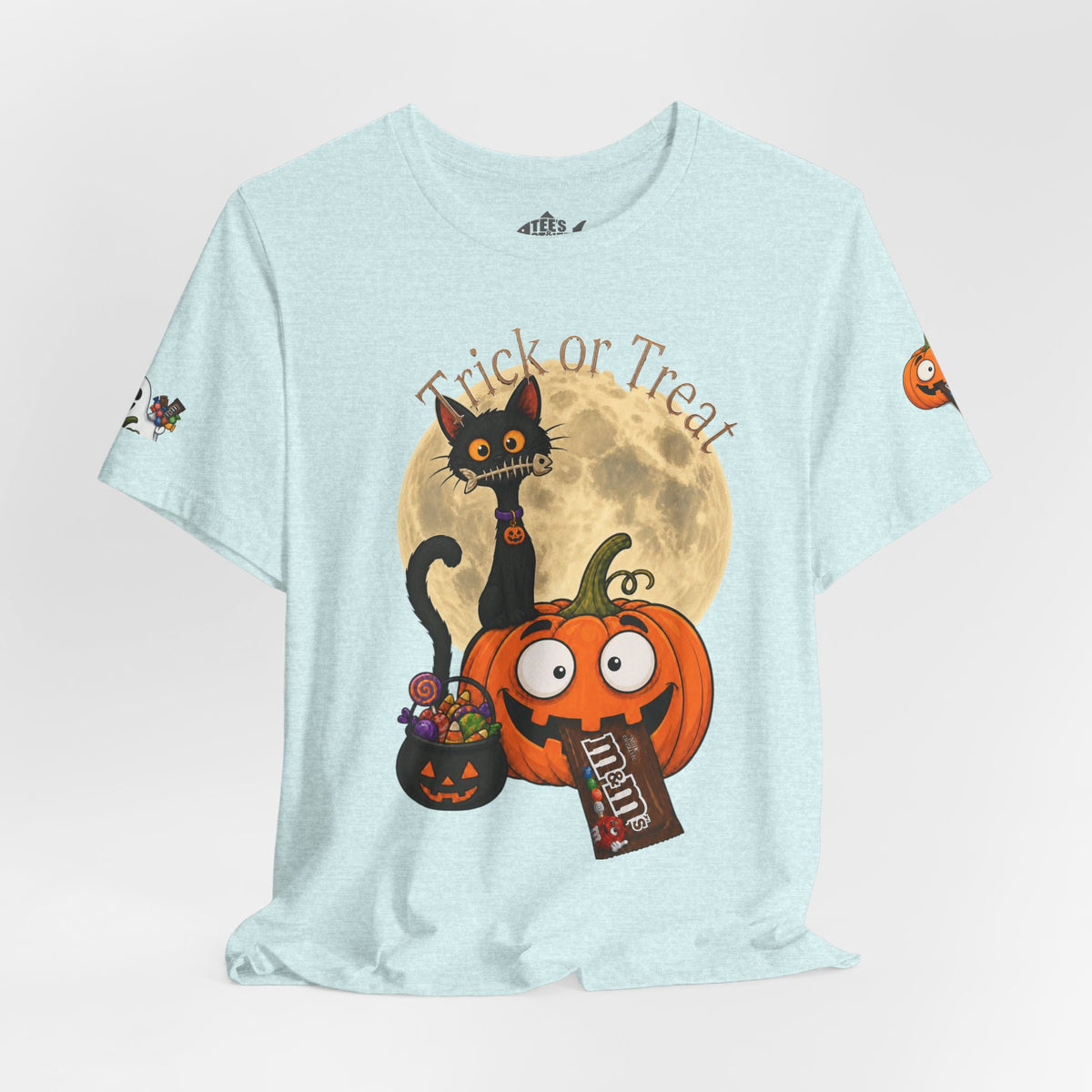 Light blue / Back, Front, sleeve design, Halloween T-shirt with a black cat orange pumpkin, full moon trick or treat candy bucket with candy and "Trick or Treat" text.