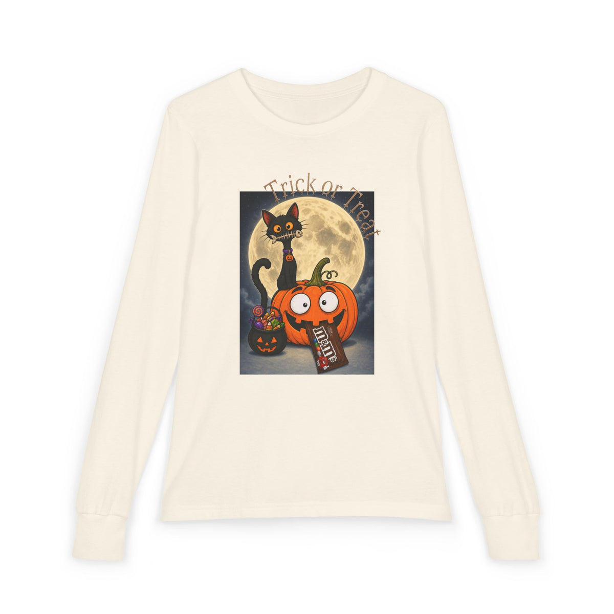 Kids' Halloween Long Sleeve Tee — 'Trick or Treat' Black Cat & Pumpkin Design