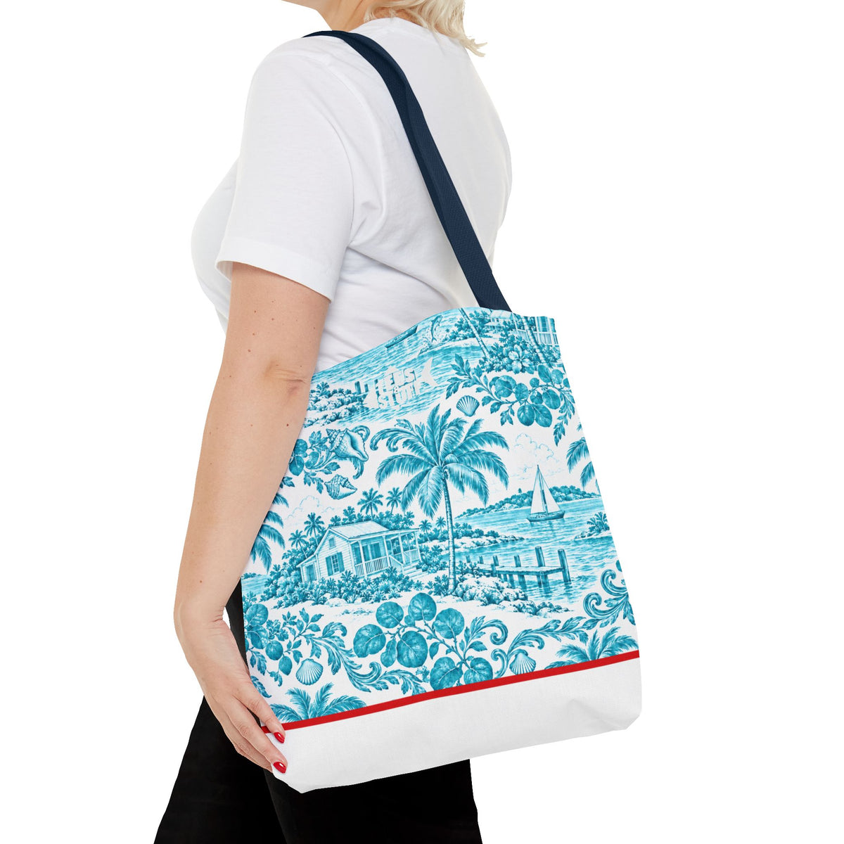 Turquoise coastal Toile Tote Bag- Palm Trees & Island Houses.