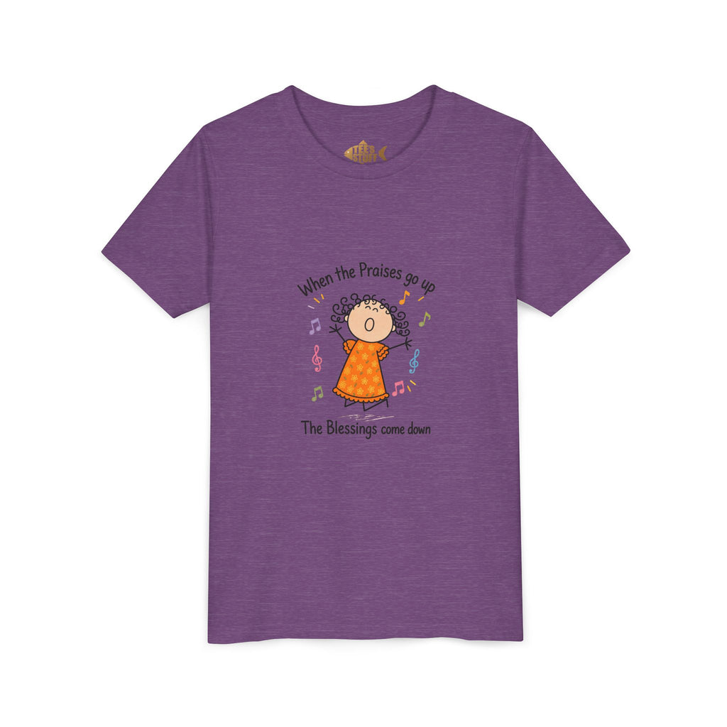 Youth Tee — "When the Praises Go Up, The Blessings Come Down" Kids Christian Shirt