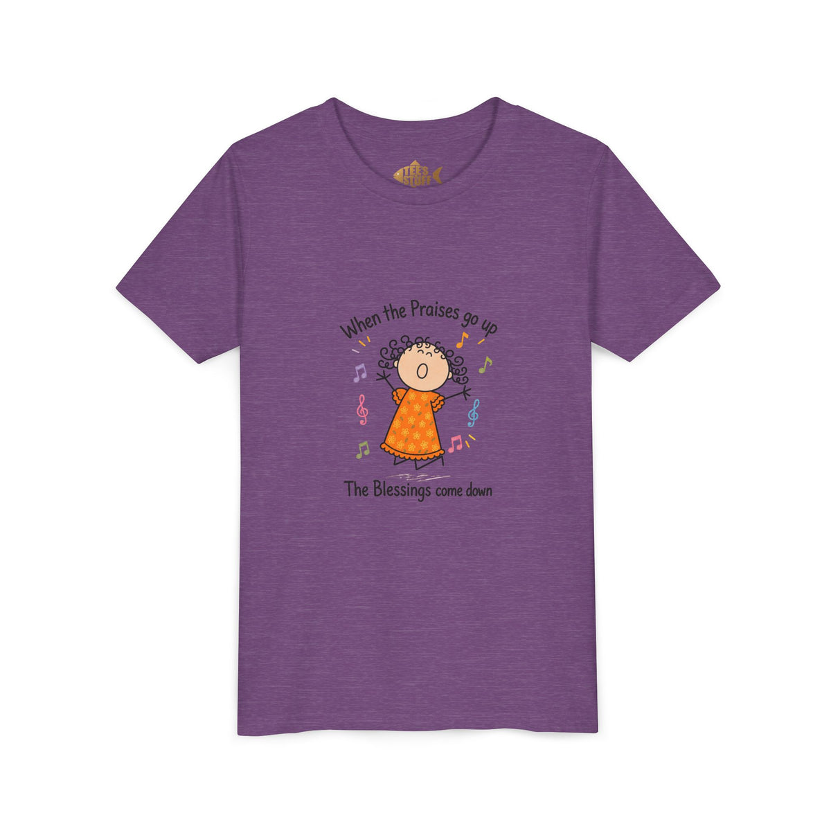 Youth Tee — "When the Praises Go Up, The Blessings Come Down" Kids Christian Shirt