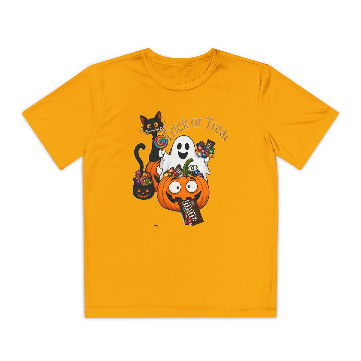 Kids Halloween Trick or Treat T-Shirt — Cute Pumpkin, Ghost & Black Cat Design