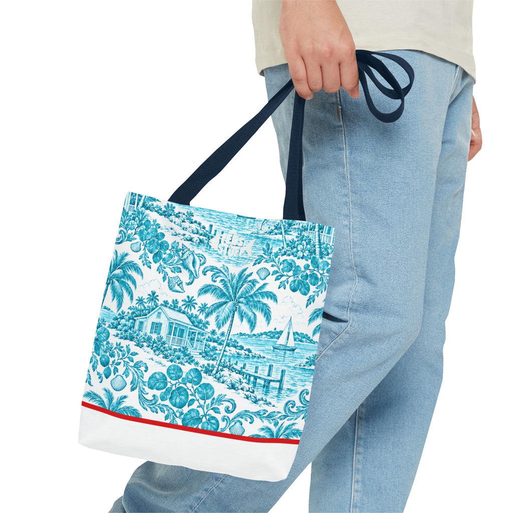 Turquoise coastal Toile Tote Bag- Palm Trees & Island Houses.