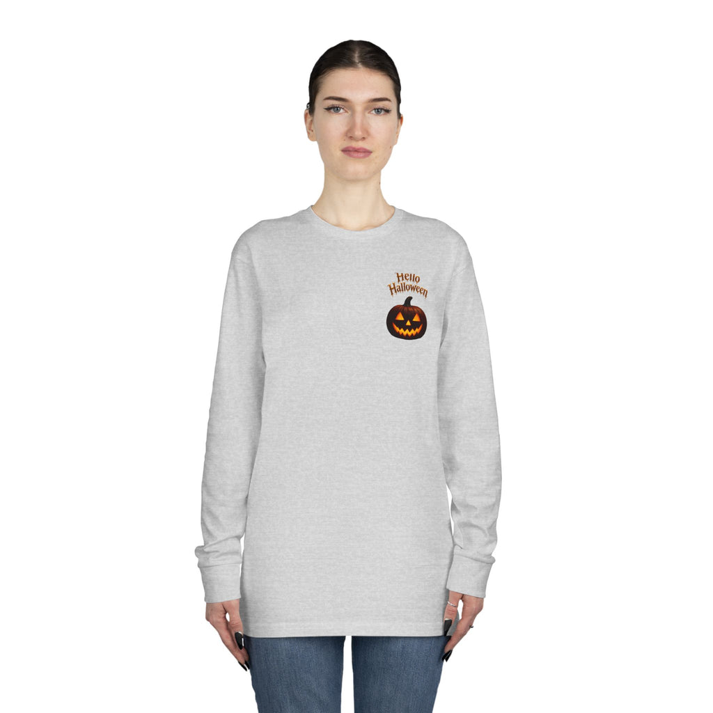 Halloween Cat Long Sleeve Tee — 'Hello Halloween' Jack-O'-Lantern Graphic