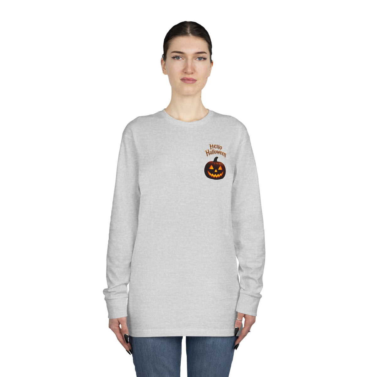Halloween Cat Long Sleeve Tee — 'Hello Halloween' Jack-O'-Lantern Graphic