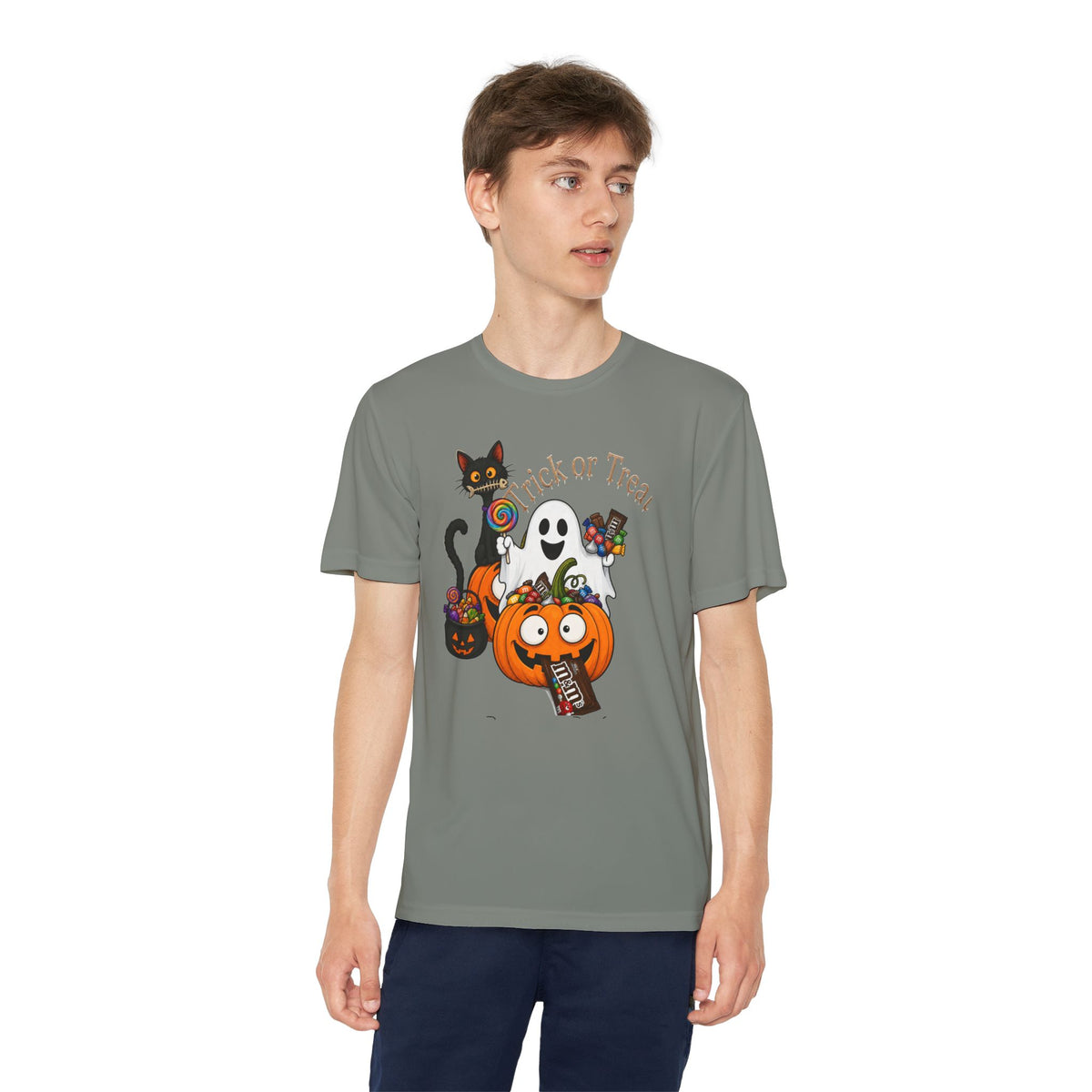 Kids Halloween Trick or Treat T-Shirt — Cute Pumpkin, Ghost & Black Cat Design