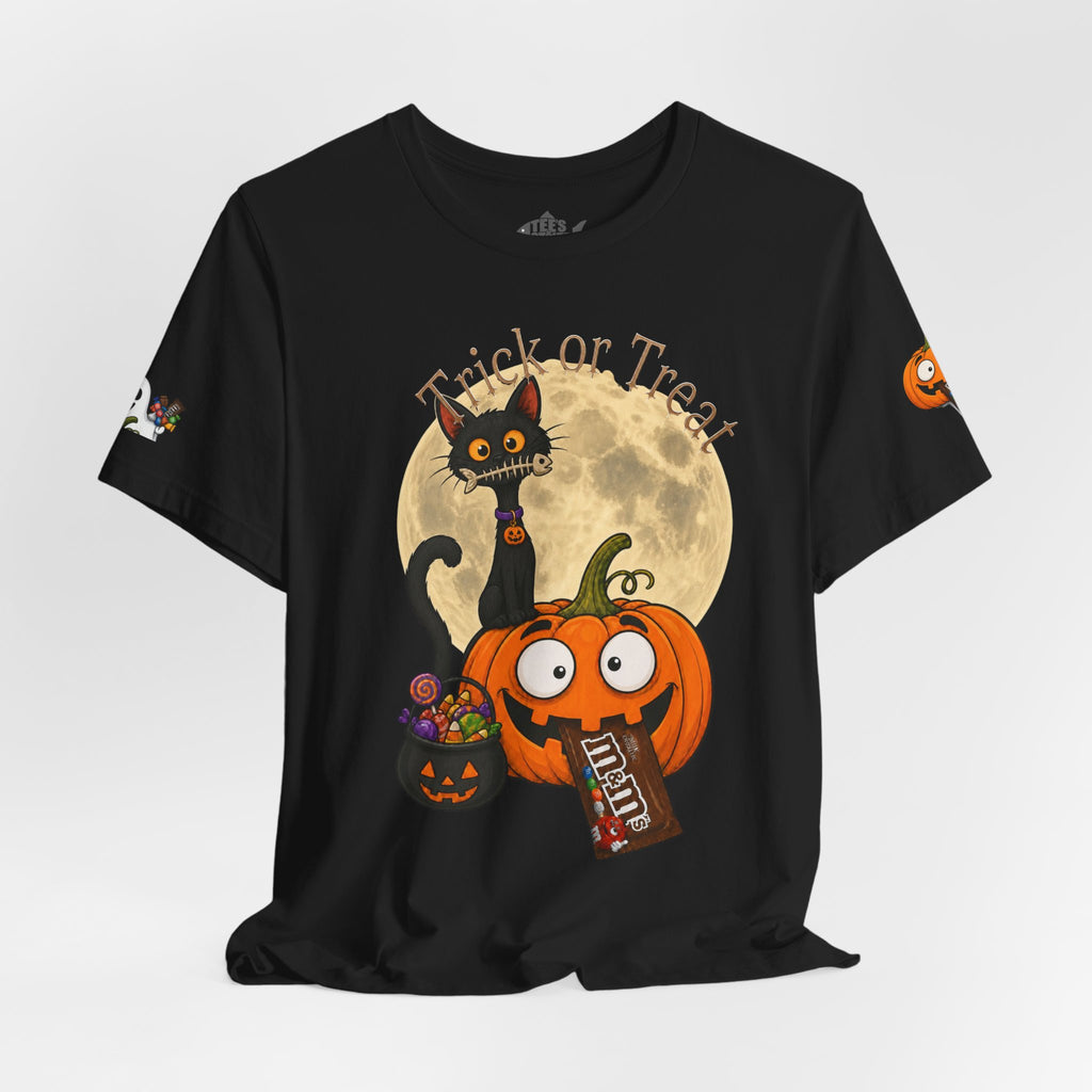 Black/ / Back, Front, sleeve design, Halloween T-shirt with a black cat orange pumpkin, full moon trick or treat candy bucket with candy and "Trick or Treat" text.