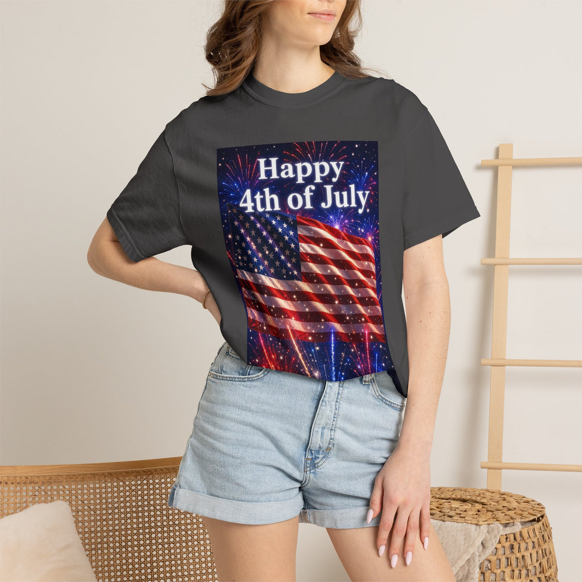 4th of July Flag T-Shirt — "Happy 4th of July" Front & America Flag Back
