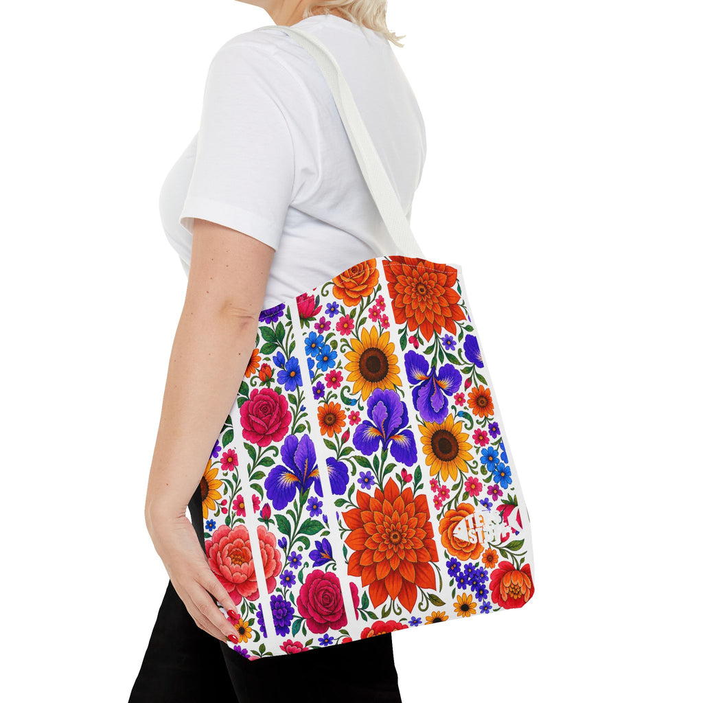 Floral Stripe Tote Bag — Bright Mexican Folk Art Flowers AOP