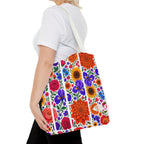 Floral Stripe Tote Bag — Bright Mexican Folk Art Flowers AOP